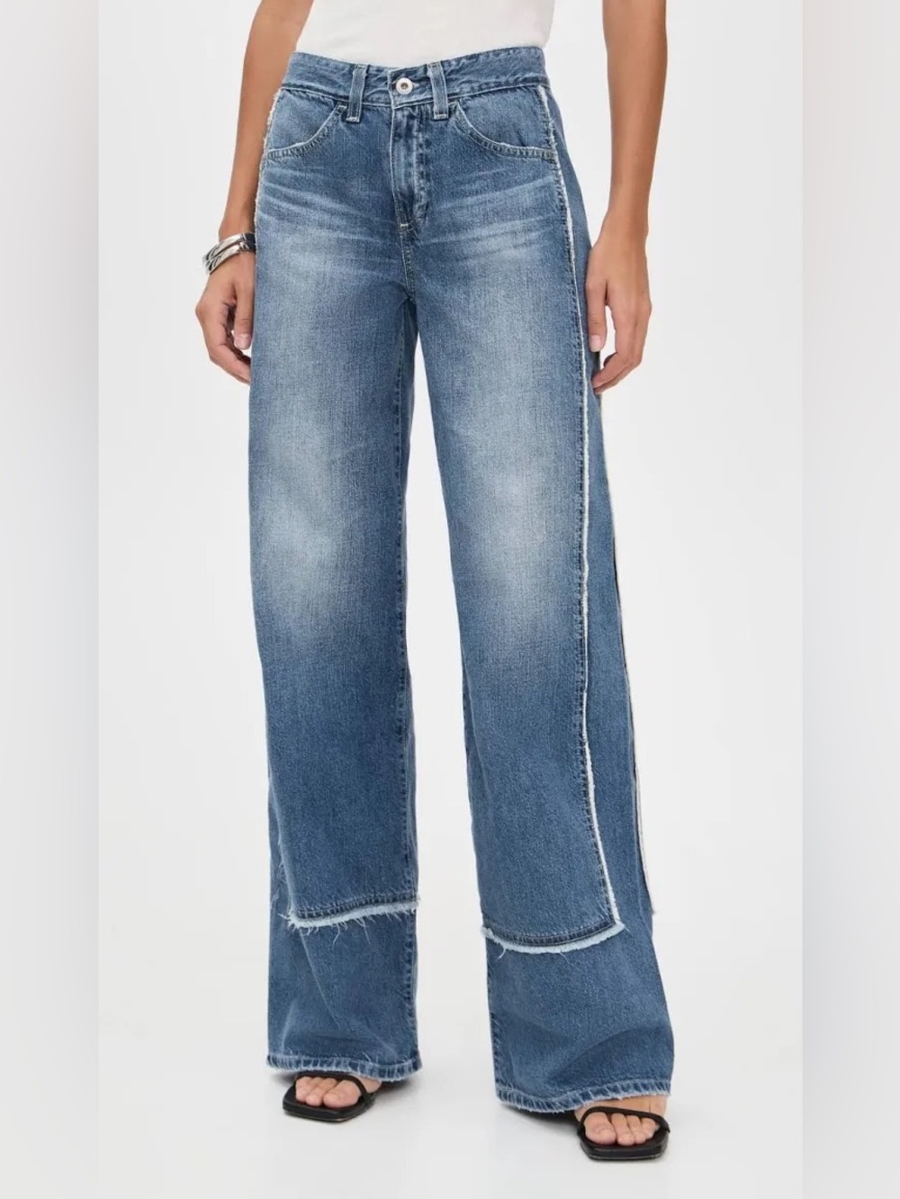 Ag Adriano Goldschmied Wide-Leg Distressed Blue Denim Jeans